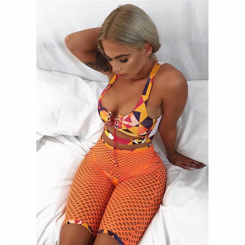 3PCS Swim Suit women print 2018 bandage bikini set fishnet shorts