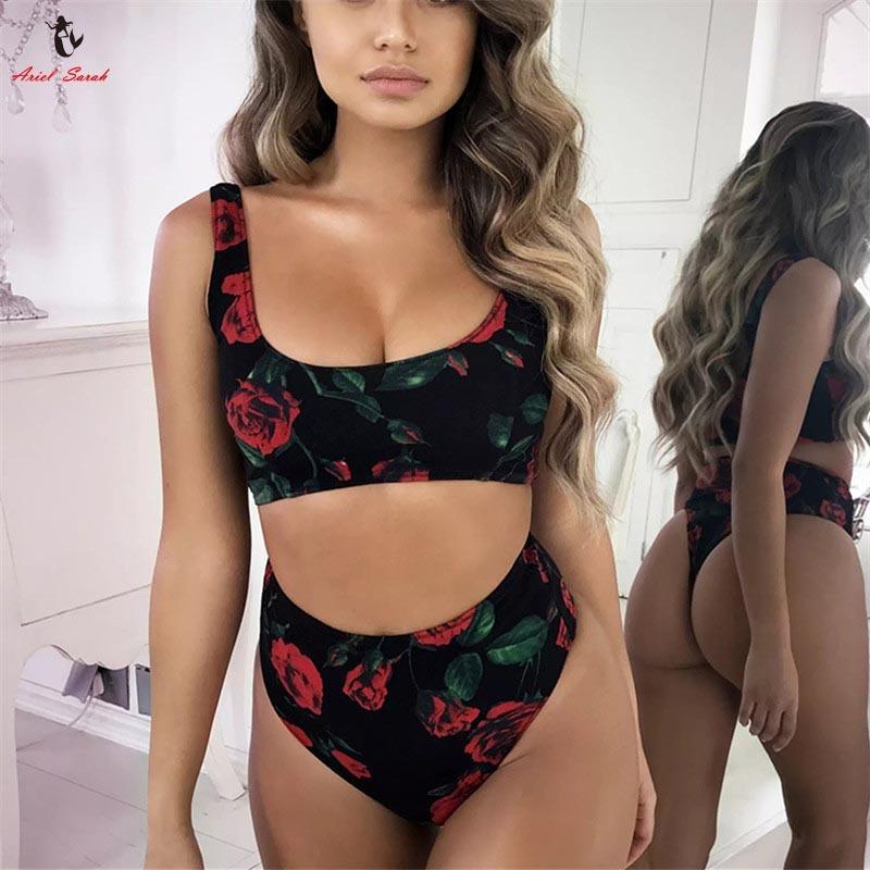 Ariel Sarah 2018 High Neck Bikini High Waist Swimsuit Women Floral Bikini