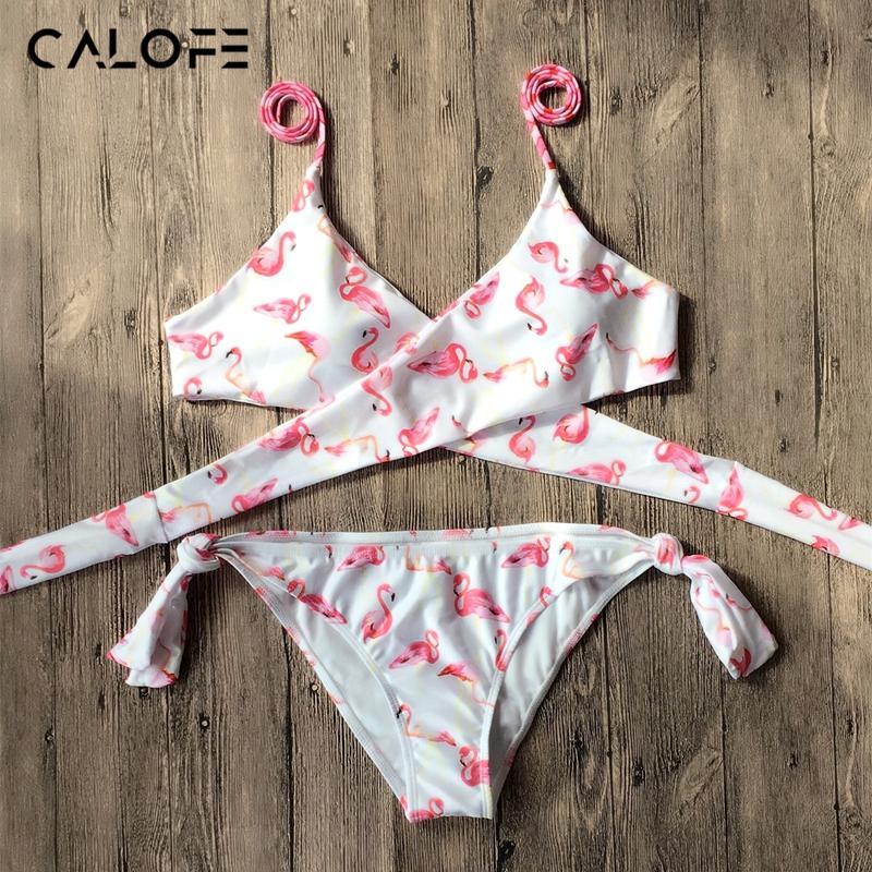 CALOFE 2018 Halter Swimwear Bikini Floral Print Thong Bikini Set Women