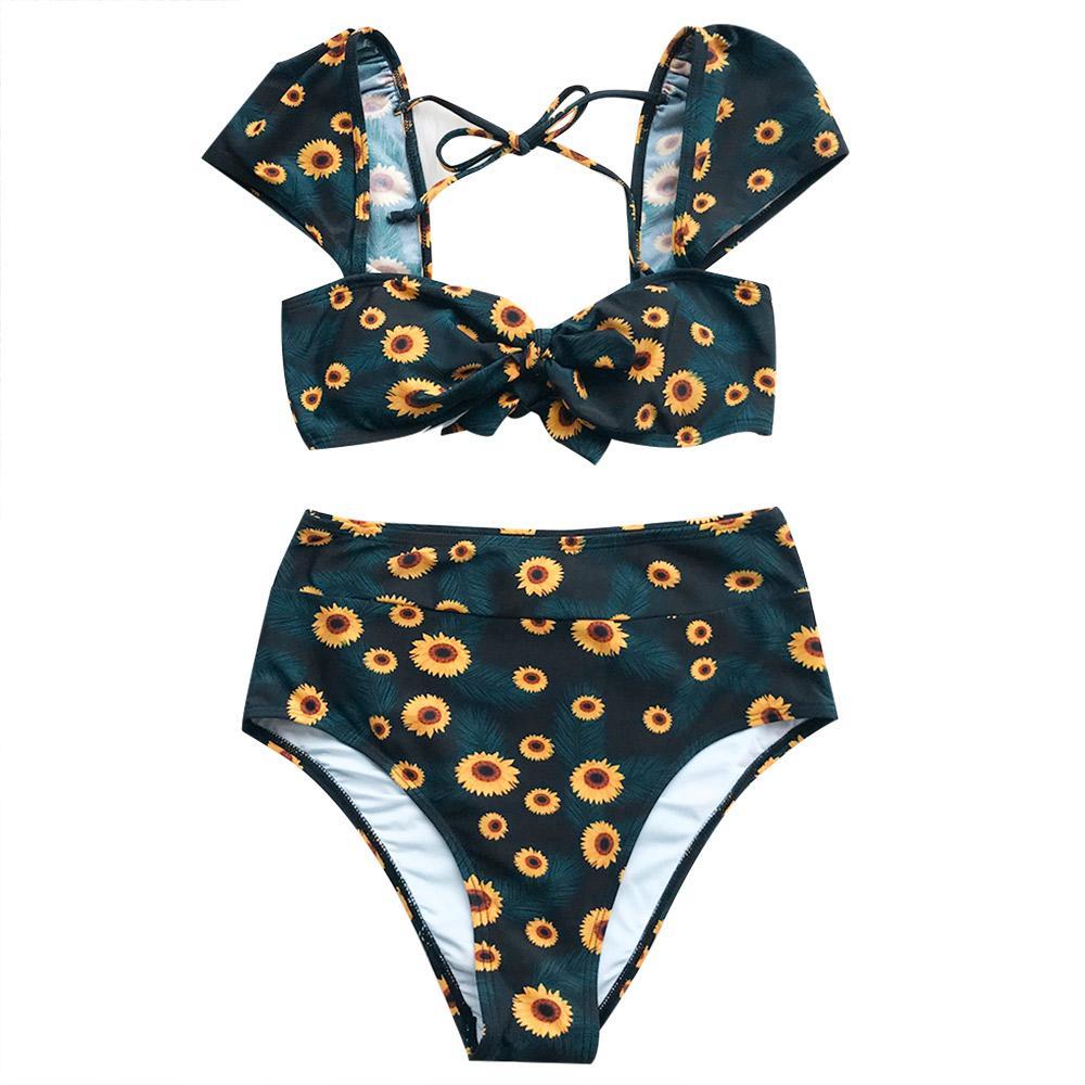 CUPSHE Daisy Print Daisy Flower Print Bikinis Set Women High-waisted L ...