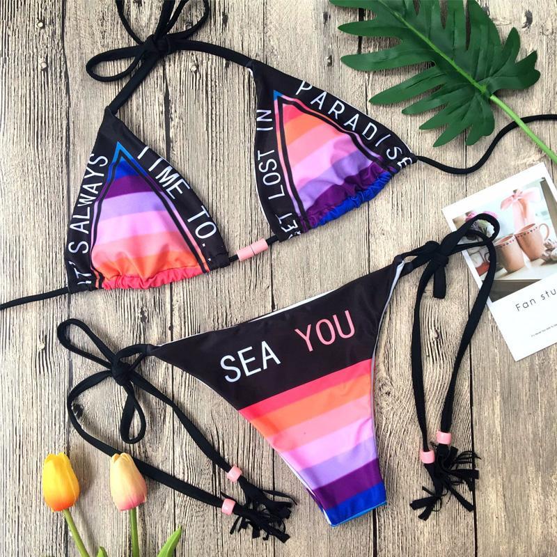 Hot Letter Bikini Set Rainbow Triangle Top Tanga Sexy Swimwear Women Swimsuit Tassel Micro Brazilian 2018 Bandage Bathing Suit L