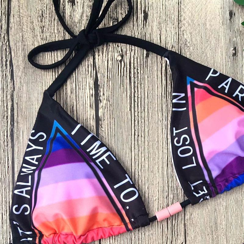 Hot Letter Bikini Set Rainbow Triangle Top Tanga Sexy Swimwear Women Swimsuit Tassel Micro Brazilian 2018 Bandage Bathing Suit L