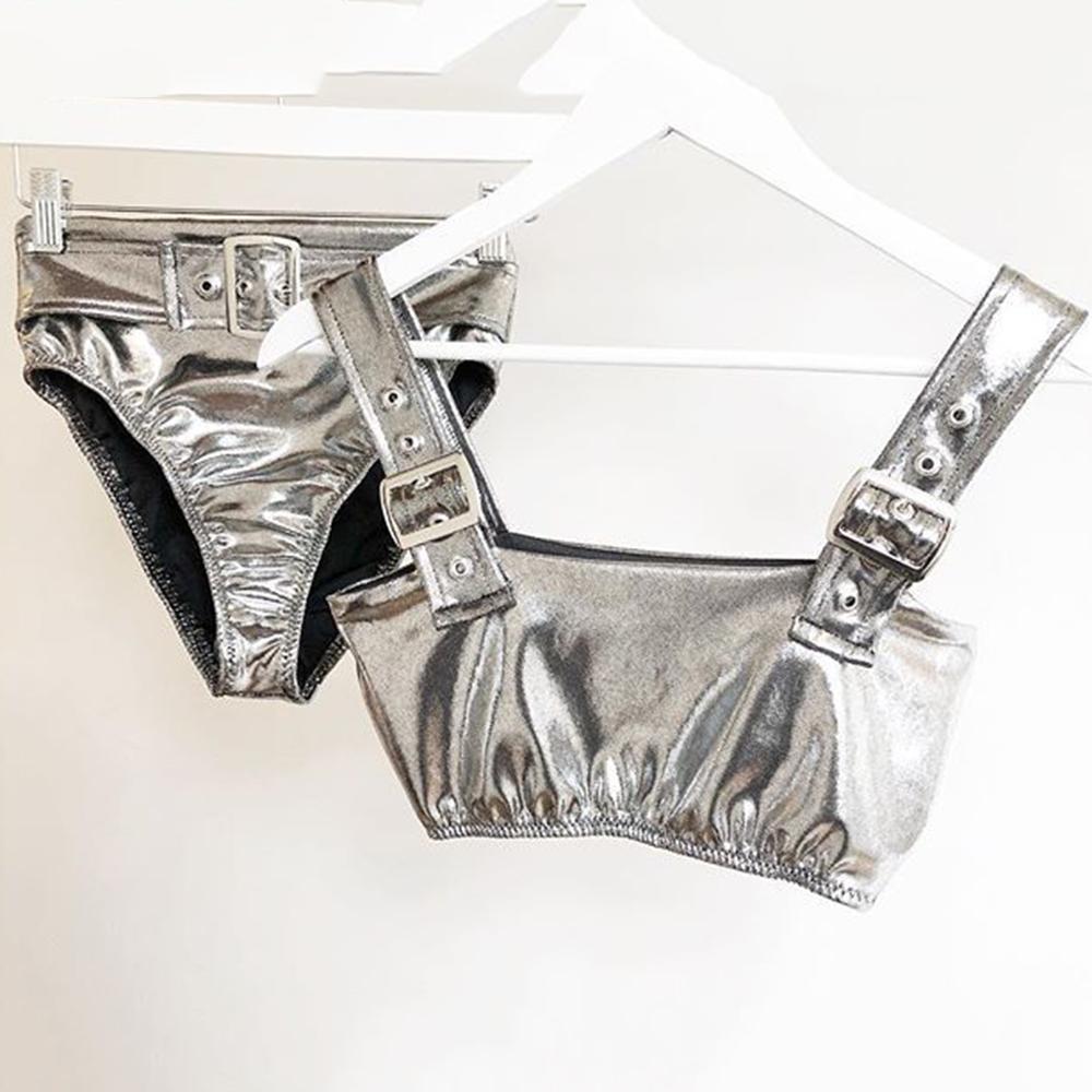 Leather Sequins Bikini Set Sexy Silver Bikinis Bling Swimsuit Women 2018 Shiny Swimwear Buckle Bathing Suit Lady Push Up Biquini