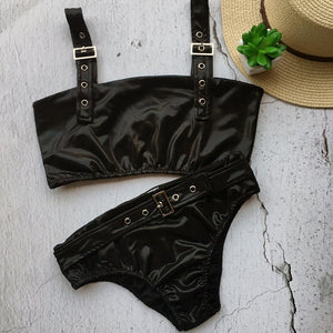 Leather Sequins Bikini Set Sexy Silver Bikinis Bling Swimsuit Women 2018 Shiny Swimwear Buckle Bathing Suit Lady Push Up Biquini