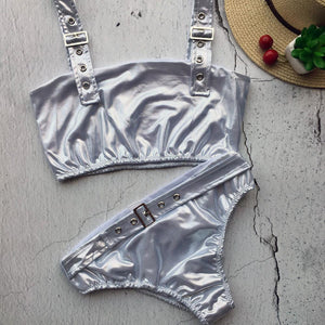 Leather Sequins Bikini Set Sexy Silver Bikinis Bling Swimsuit Women 2018 Shiny Swimwear Buckle Bathing Suit Lady Push Up Biquini