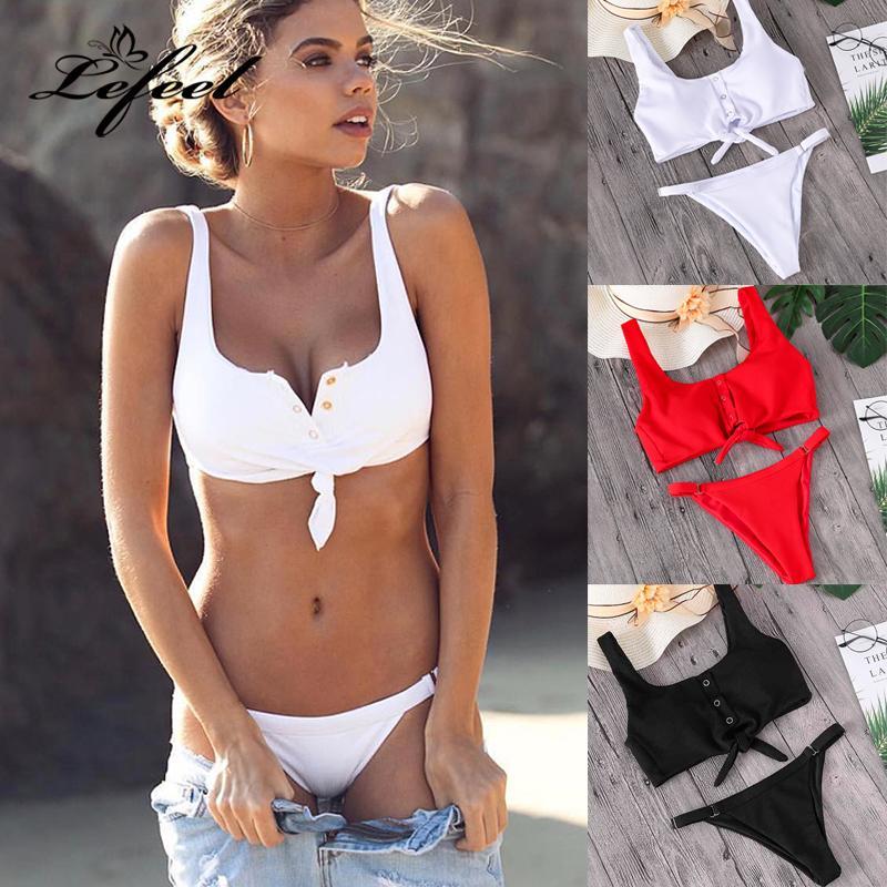 Lefeel 2018 Sxey Two Piece Bikini Set Solid Swimwear Low Waist Swimsuit Women Hot Sale Bikinis  Bathing Suit Summer Biquini