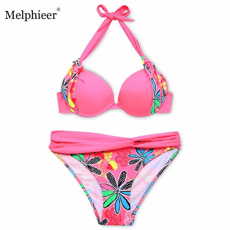 Melphieer Sexy Floral Bikini 2018 Noble Solid Underwire Swimwear Women Pads Push Up Bra Swimsuit Bathing Suit Maillot De Bain XL