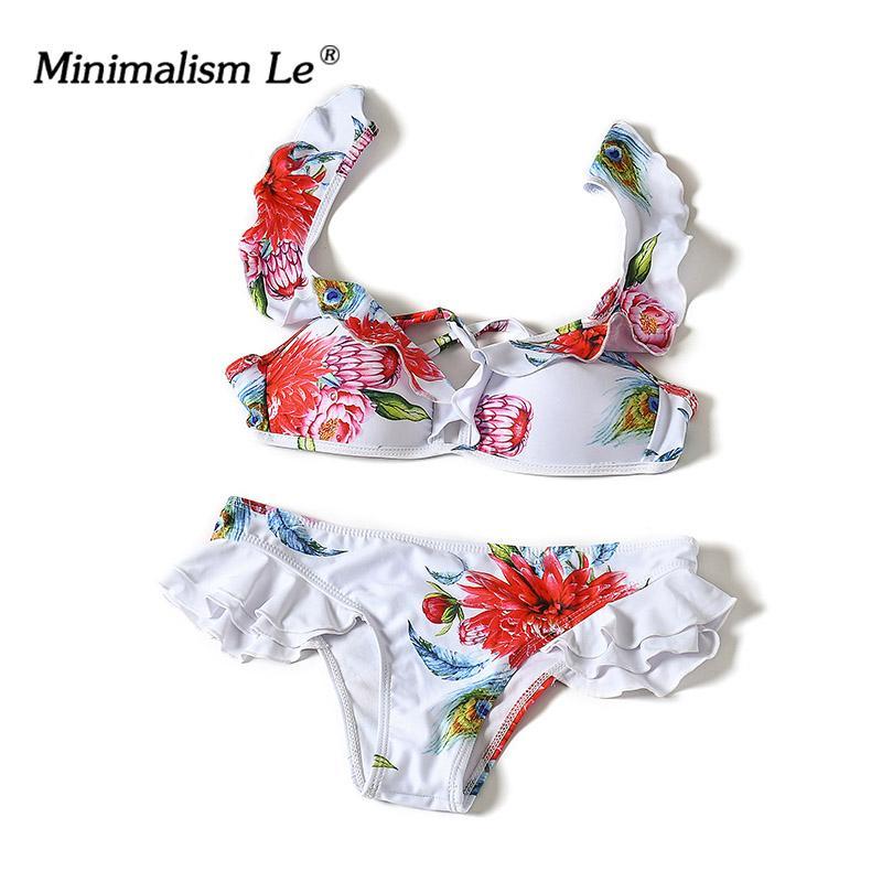 Minimalism Le 2018 New Bikini Sexy Bandage Women Swimwear Print Ruffles Swimsuits Floral Maillot Bikini Sets Bathing Suits