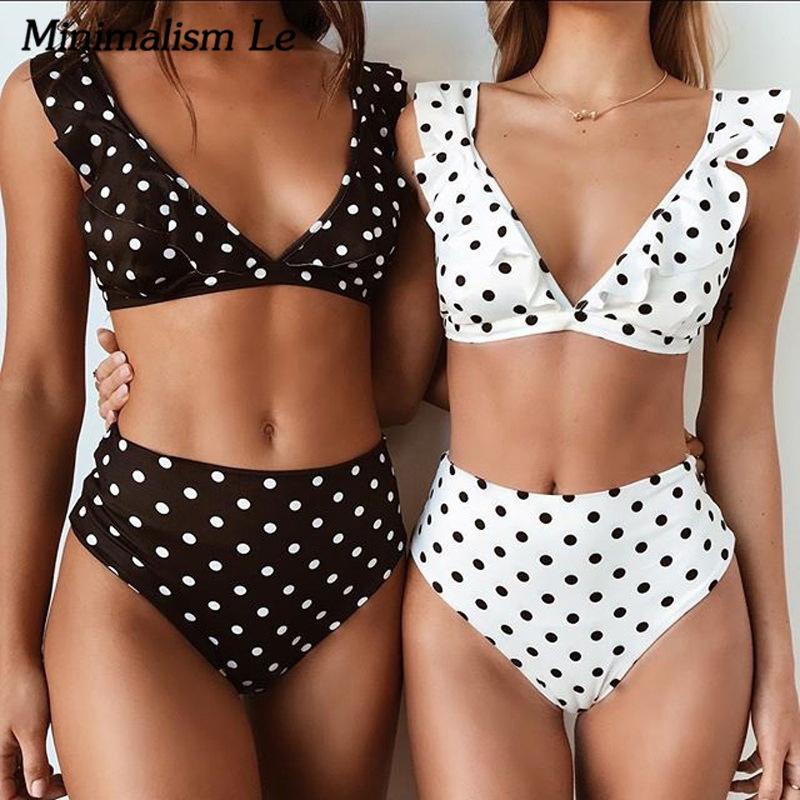 Minimalism Le Ruffle High Waist Swimsuit Sexy Dot Bikini Set 2018 New Style Brazilian Women Summer Beach Wear Bikinis Swimwear