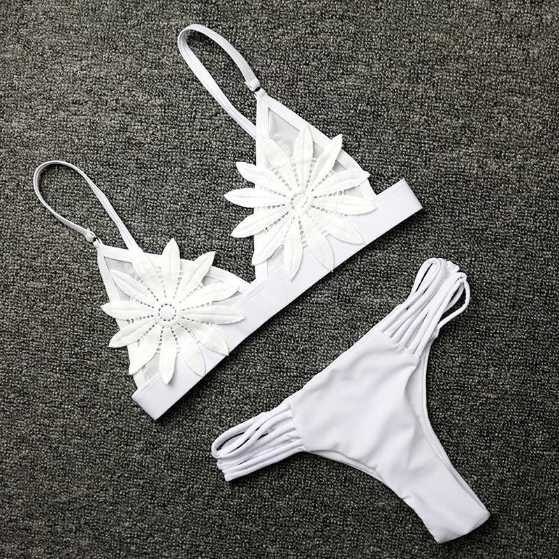 PLAVKY 2018 Sexy White Mesh Embroidered Flower Strappy Biquini Micro Bathing Suit Swimsuit Thong Swimwear Women Brazilian Bikini