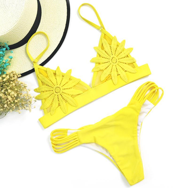 PLAVKY 2018 Sexy White Mesh Embroidered Flower Strappy Biquini Micro Bathing Suit Swimsuit Thong Swimwear Women Brazilian Bikini