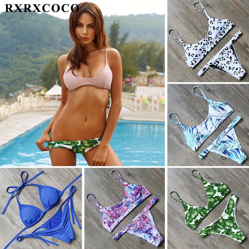 RXRXCOCO Brand 2018 Hot Sexy Bikinis Women Set Leaf Printed Swimwear Push Up Bathing Suits Bikini Top Bandage Swimsuit Beachwear