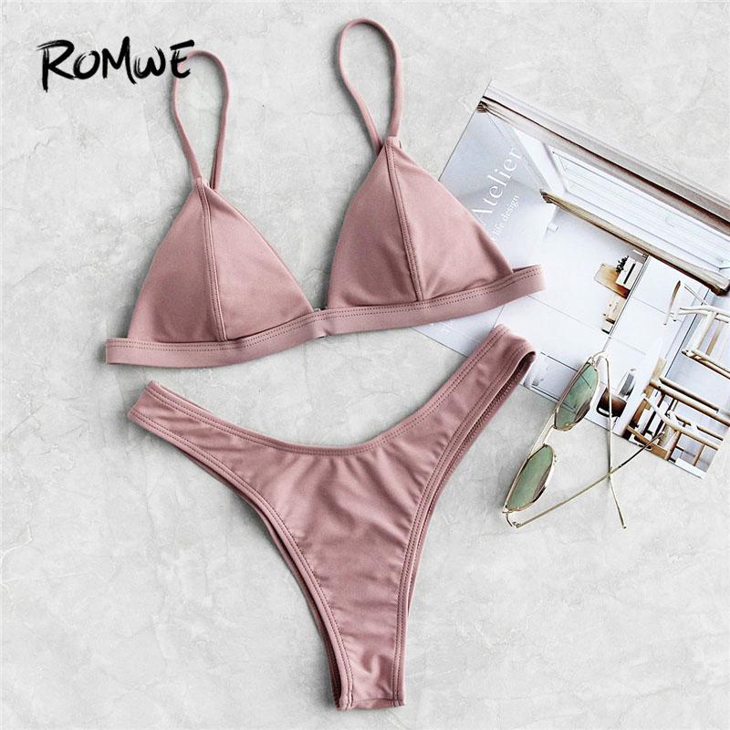 Romwe Sport Pink Seam Detail Triangle Bikini Set Women Chest Pad High Waist Plain Swimsuit 2018 Summer Female Sexy Swimwear