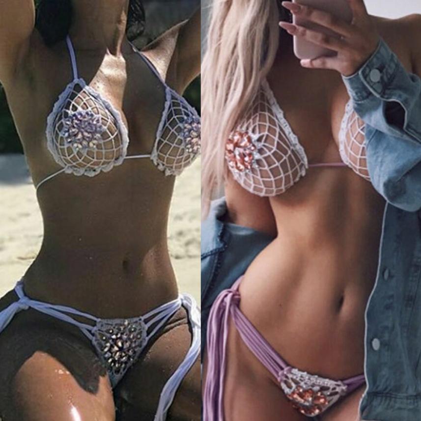 Summer Women Diamonds Handmade Knitted Bikini Set Swimwear Bra micro bikini sexy hot swimwear women push up bikini set plavky
