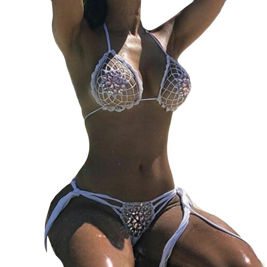 Summer Women Diamonds Handmade Knitted Bikini Set Swimwear Bra micro bikini sexy hot swimwear women push up bikini set plavky