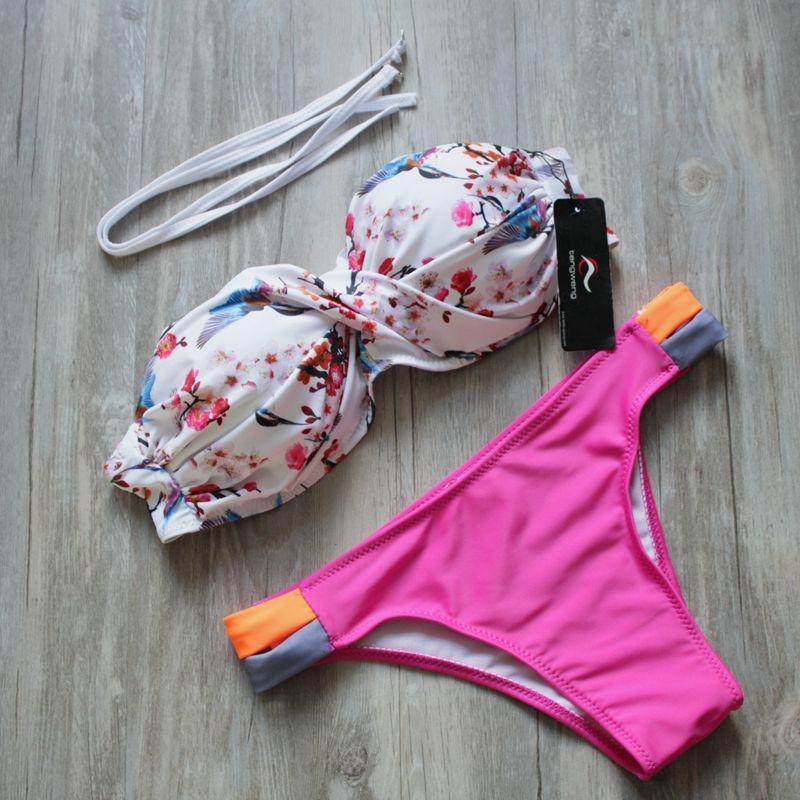 Tengweng 2018 Women Sexy Push up Bikini Bandeau Print Floral Swimsuit Plus size Swimwear Cut out Brazilian Female Bathing suit