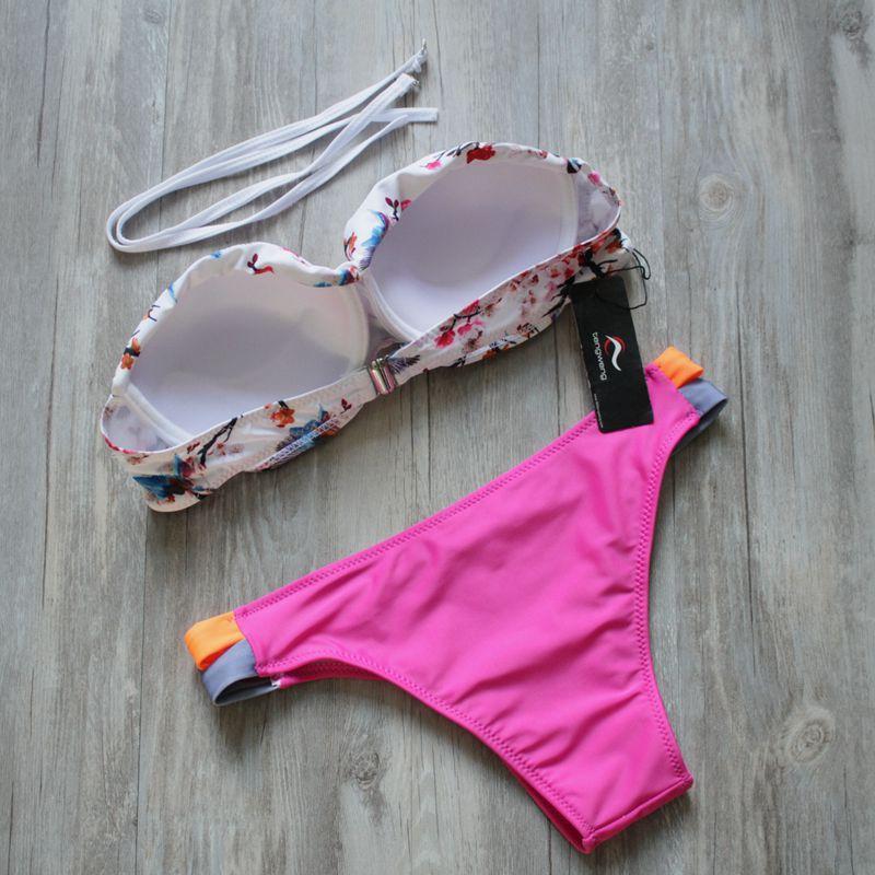 Tengweng 2018 Women Sexy Push up Bikini Bandeau Print Floral Swimsuit Plus size Swimwear Cut out Brazilian Female Bathing suit