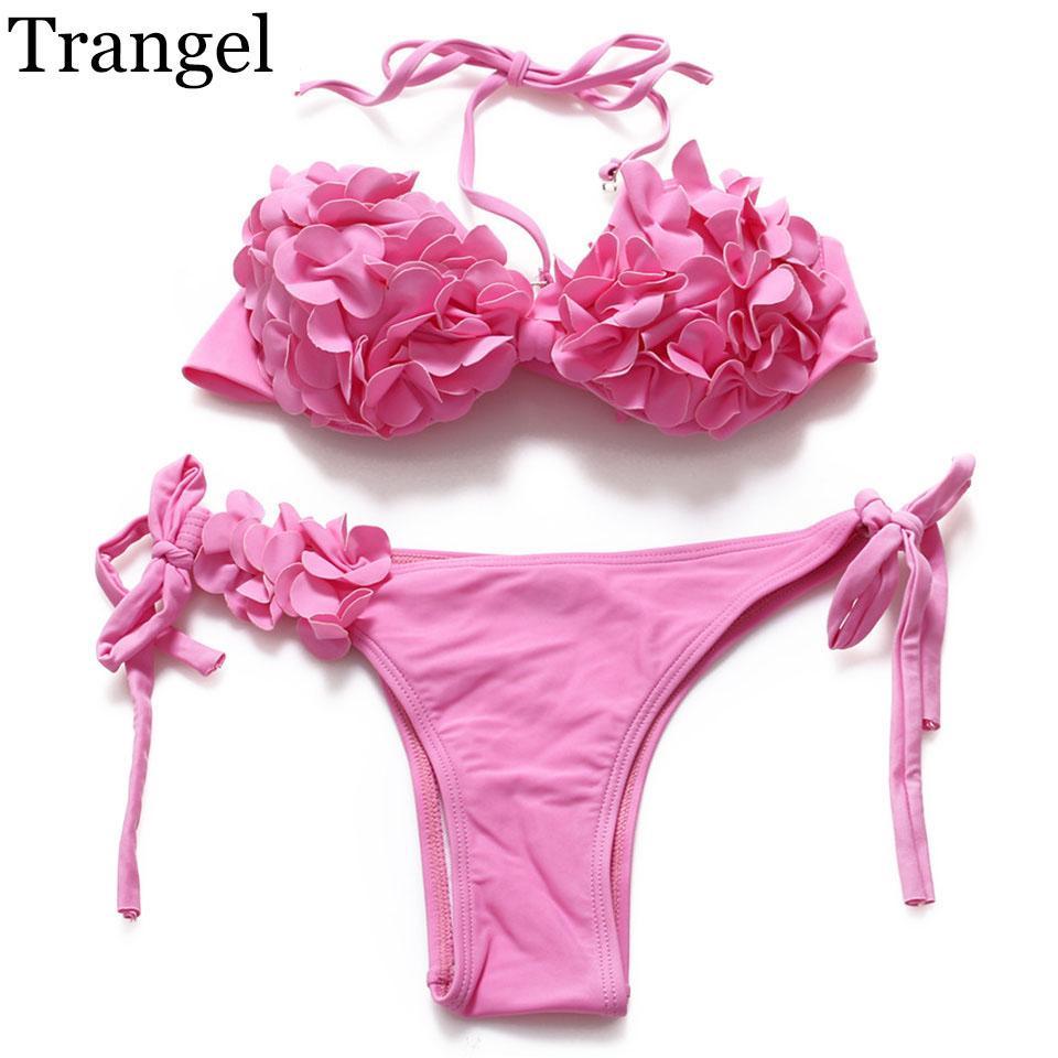 Trangel 2018 women bikini set floral swimwear low waist push up swimsuit halter swimwear pink color bathing suit bikinis female