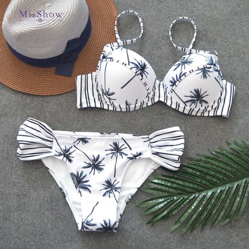 White Bikini Set Mid Waist Floral Print Swimwear Women Push Up Bikini 2018 for Girls Support Swimsuit Female Elastic Pants