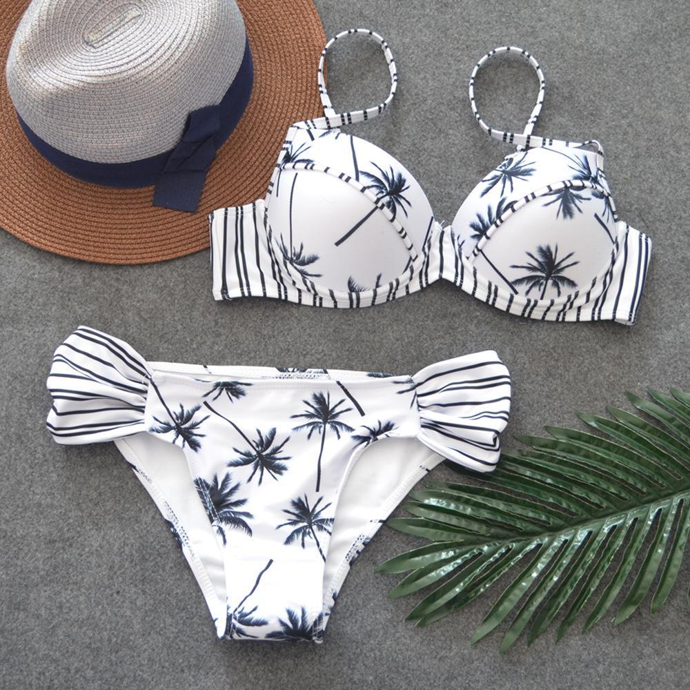 White Bikini Set Mid Waist Floral Print Swimwear Women Push Up Bikini 2018 for Girls Support Swimsuit Female Elastic Pants