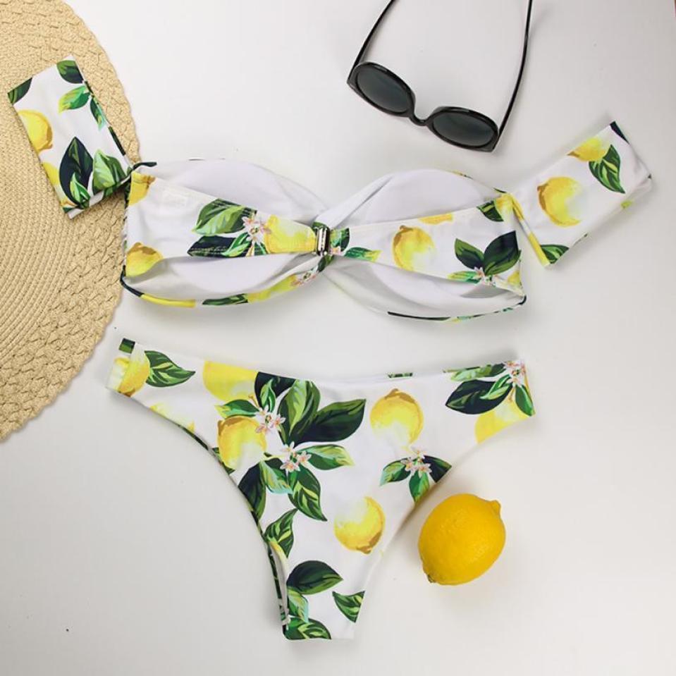 Womail Women Bikini Set Low Waist Bandage Lemon Print Off Shoulder Bra Swimsuit Bathing Suit Swimwear Beachwear Brazilian