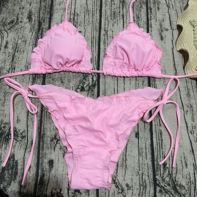 pink ruffle bikini cheap swimwear sexy bikini woman swimsuit maios str