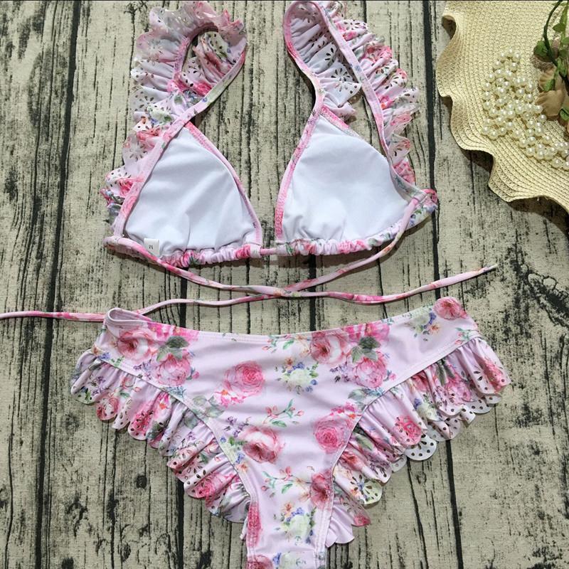 thong bathing suit ladies bikini 2018 swimming suit for women monokini beachwear mini halter bikini flower swimwear with ruffles