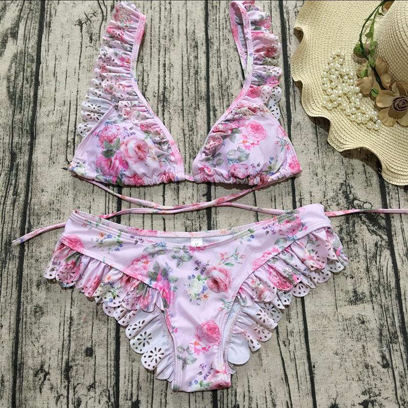 thong bathing suit ladies bikini 2018 swimming suit for women monokini beachwear mini halter bikini flower swimwear with ruffles