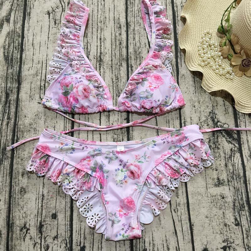 thong bathing suit ladies bikini 2018 swimming suit for women monokini beachwear mini halter bikini flower swimwear with ruffles